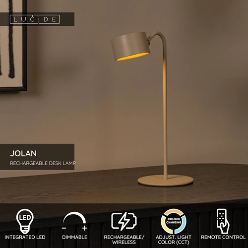 Lucide JOLAN - Rechargeable Desk lamp/Clamp lamp/Wall lamp - Battery pack - LED Dim to warm - 1x3,5W 2700K/5700K - Taupe - USP